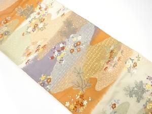 霞に松竹梅・椿模様織り出し　袋帯